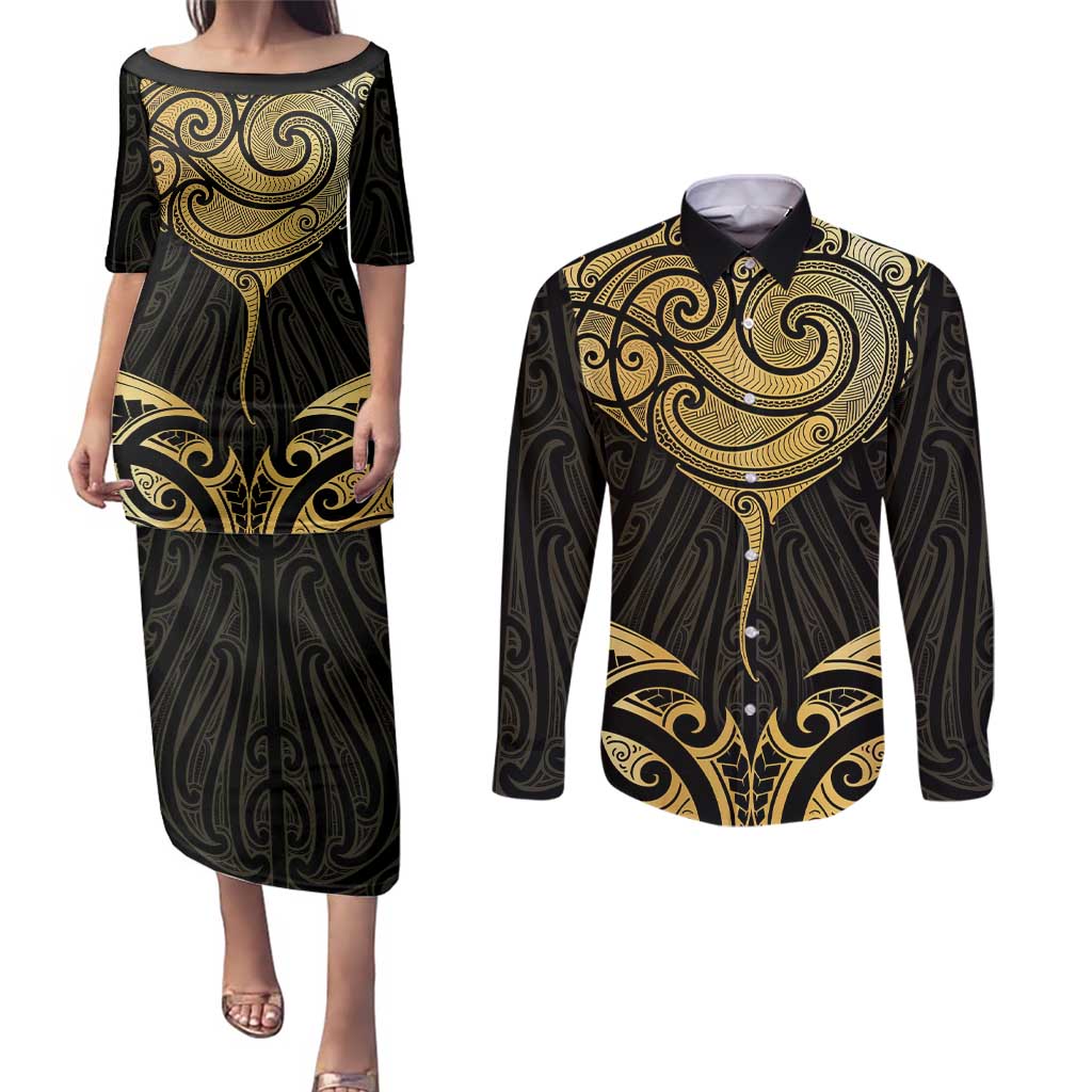 Gold Black New Zealand Manta Ray Couples Matching Puletasi and Long Sleeve Button Shirt Aotearoa Maori Haehae - Polynesian Pride