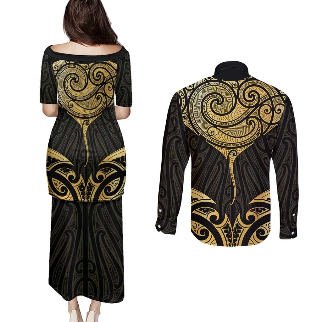 Gold Black New Zealand Manta Ray Couples Matching Puletasi and Long Sleeve Button Shirt Aotearoa Maori Haehae - Polynesian Pride