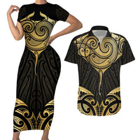 Gold Black New Zealand Manta Ray Couples Matching Short Sleeve Bodycon Dress and Hawaiian Shirt Aotearoa Maori Haehae - Polynesian Pride
