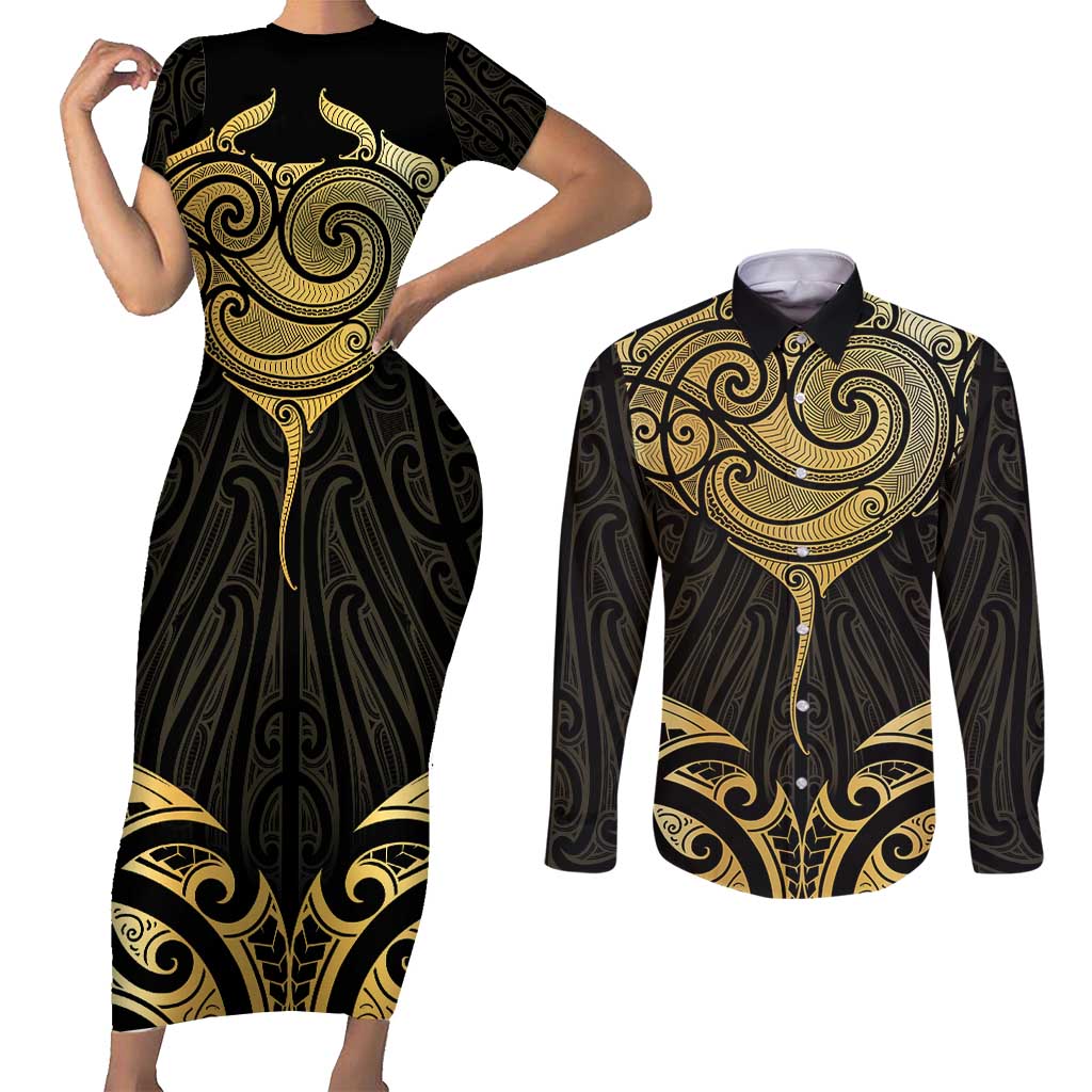 Gold Black New Zealand Manta Ray Couples Matching Short Sleeve Bodycon Dress and Long Sleeve Button Shirt Aotearoa Maori Haehae - Polynesian Pride
