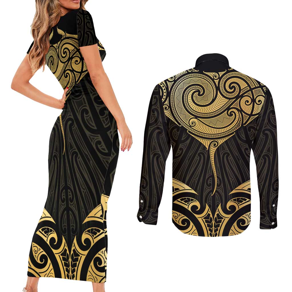 Gold Black New Zealand Manta Ray Couples Matching Short Sleeve Bodycon Dress and Long Sleeve Button Shirt Aotearoa Maori Haehae - Polynesian Pride