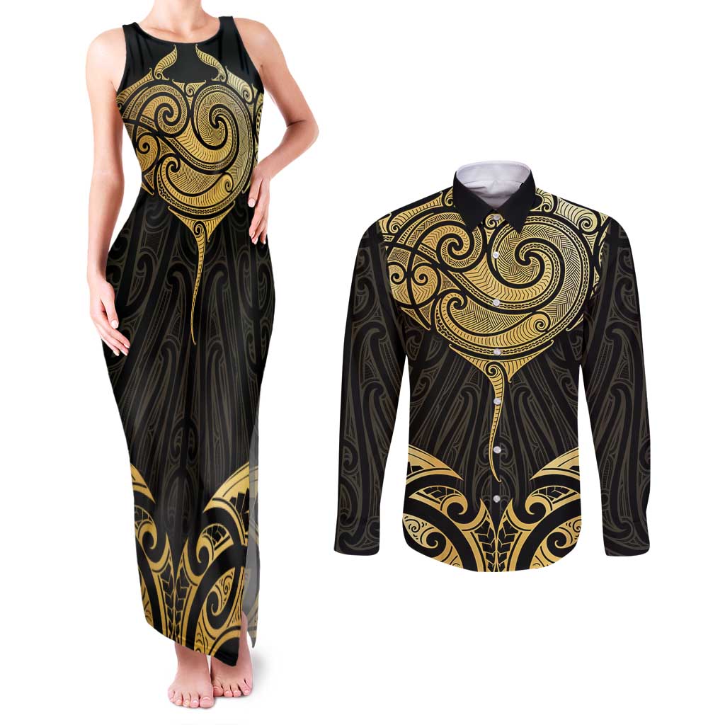 Gold Black New Zealand Manta Ray Couples Matching Tank Maxi Dress and Long Sleeve Button Shirt Aotearoa Maori Haehae - Polynesian Pride
