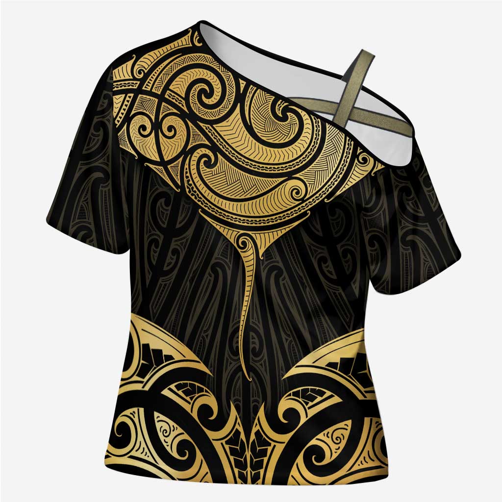 Gold Black New Zealand Manta Ray Cross Shoulder Shirt Aotearoa Maori Haehae - Polynesian Pride