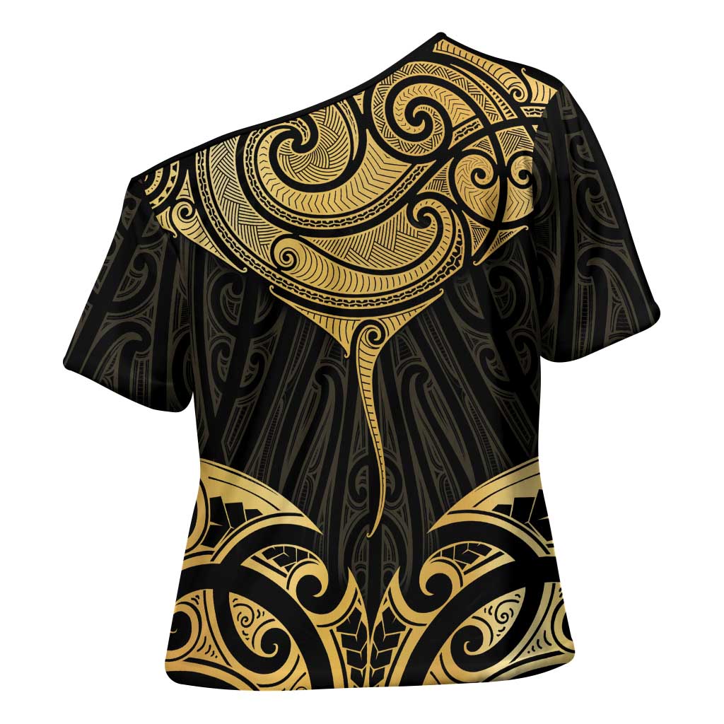 Gold Black New Zealand Manta Ray Cross Shoulder Shirt Aotearoa Maori Haehae - Polynesian Pride