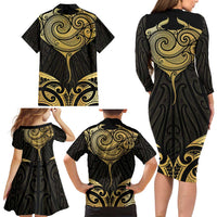 Gold Black New Zealand Manta Ray Family Matching Long Sleeve Bodycon Dress and Hawaiian Shirt Aotearoa Maori Haehae - Polynesian Pride