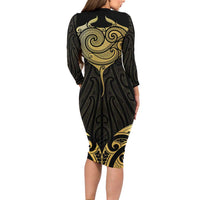 Gold Black New Zealand Manta Ray Family Matching Long Sleeve Bodycon Dress and Hawaiian Shirt Aotearoa Maori Haehae - Polynesian Pride