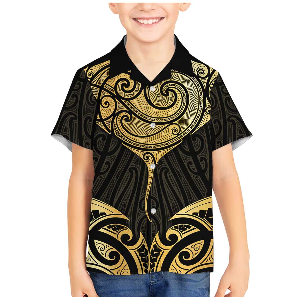 Gold Black New Zealand Manta Ray Family Matching Mermaid Dress and Hawaiian Shirt Aotearoa Maori Haehae - Polynesian Pride