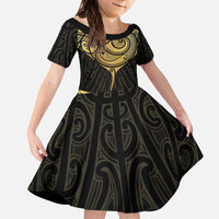 Gold Black New Zealand Manta Ray Family Matching Off The Shoulder Long Sleeve Dress and Hawaiian Shirt Aotearoa Maori Haehae - Polynesian Pride