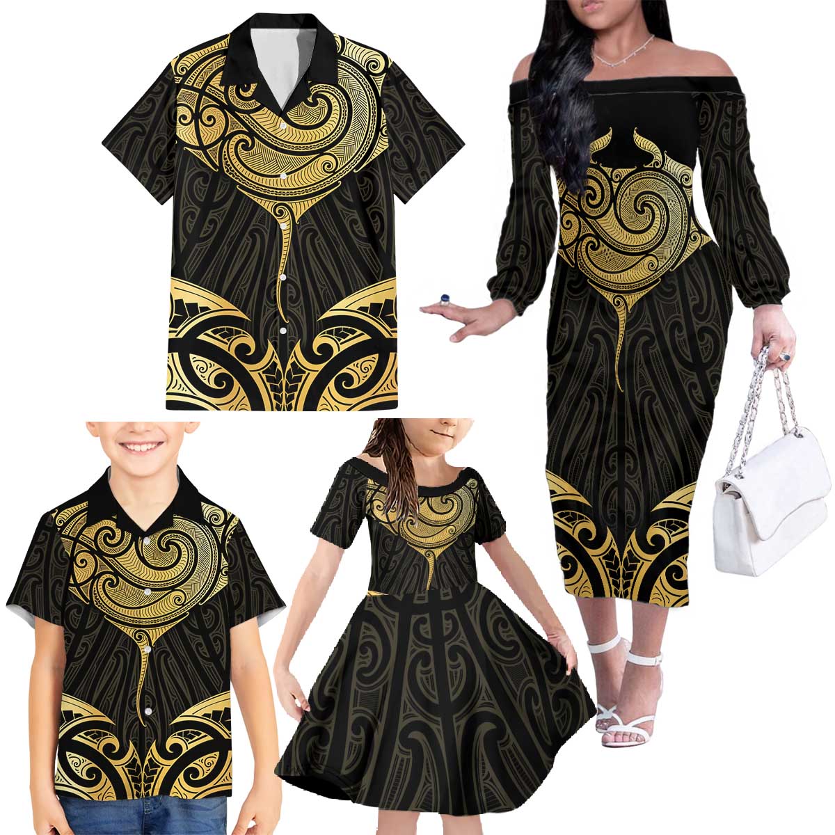 Gold Black New Zealand Manta Ray Family Matching Off The Shoulder Long Sleeve Dress and Hawaiian Shirt Aotearoa Maori Haehae - Polynesian Pride