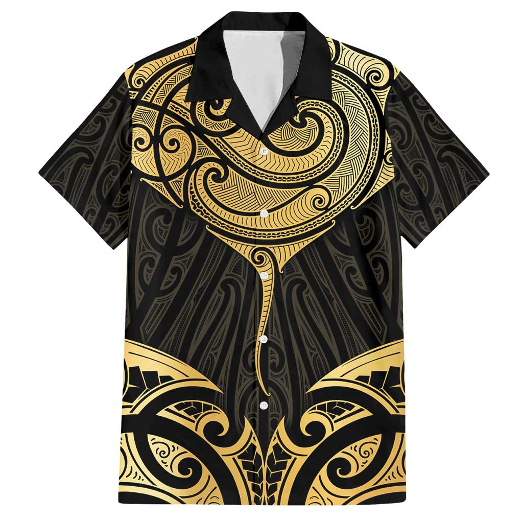 Gold Black New Zealand Manta Ray Family Matching Off Shoulder Maxi Dress and Hawaiian Shirt Aotearoa Maori Haehae - Polynesian Pride