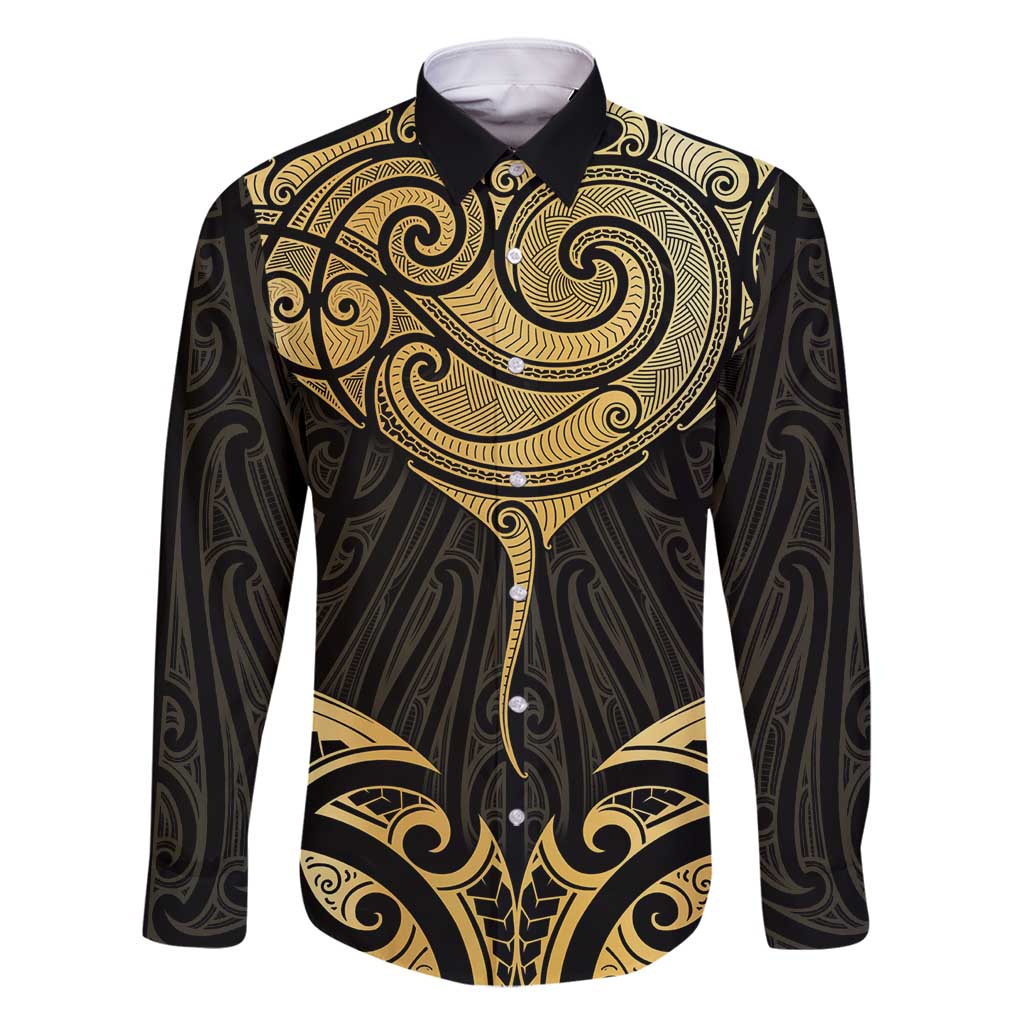 Gold Black New Zealand Manta Ray Family Matching Off Shoulder Maxi Dress and Hawaiian Shirt Aotearoa Maori Haehae - Polynesian Pride