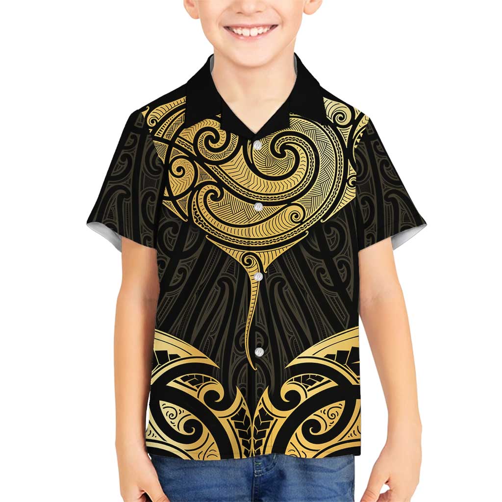 Gold Black New Zealand Manta Ray Family Matching Off Shoulder Maxi Dress and Hawaiian Shirt Aotearoa Maori Haehae - Polynesian Pride