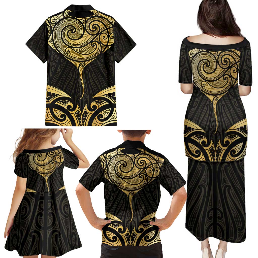 Gold Black New Zealand Manta Ray Family Matching Puletasi and Hawaiian Shirt Aotearoa Maori Haehae - Polynesian Pride