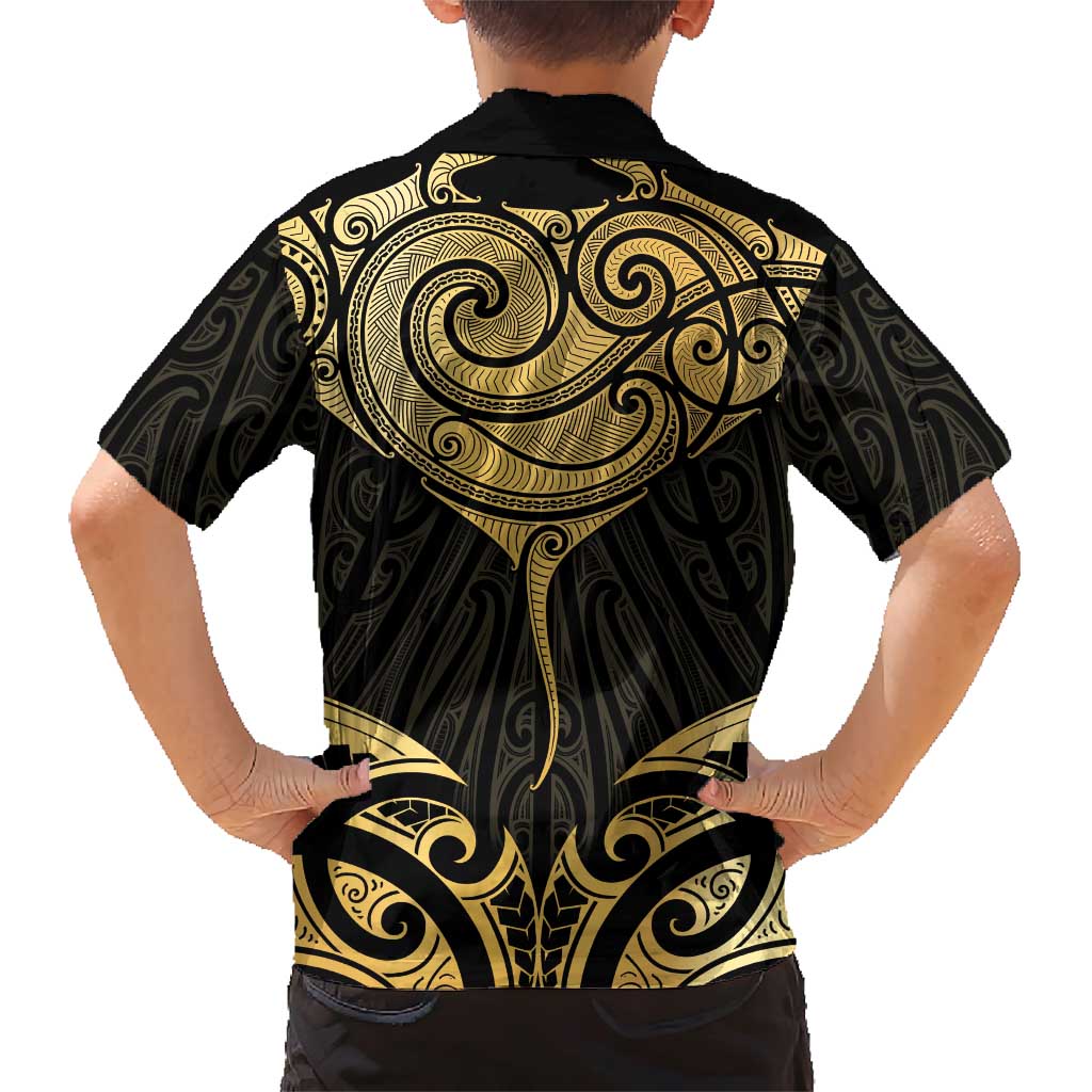 Gold Black New Zealand Manta Ray Family Matching Short Sleeve Bodycon Dress and Hawaiian Shirt Aotearoa Maori Haehae - Polynesian Pride