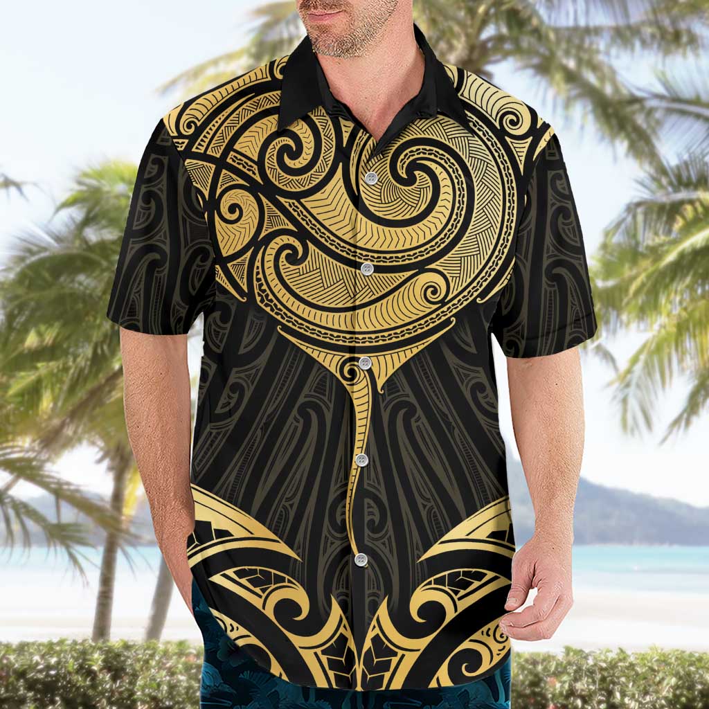 Gold Black New Zealand Manta Ray Hawaiian Shirt Aotearoa Maori Haehae - Polynesian Pride