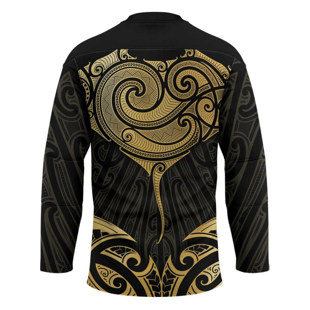Gold Black New Zealand Manta Ray Hockey Jersey Aotearoa Maori Haehae - Polynesian Pride