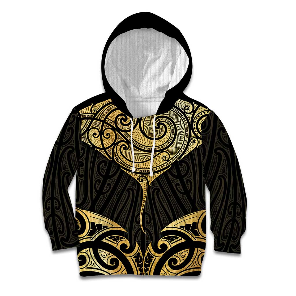 Gold Black New Zealand Manta Ray Kid Hoodie Aotearoa Maori Haehae - Polynesian Pride