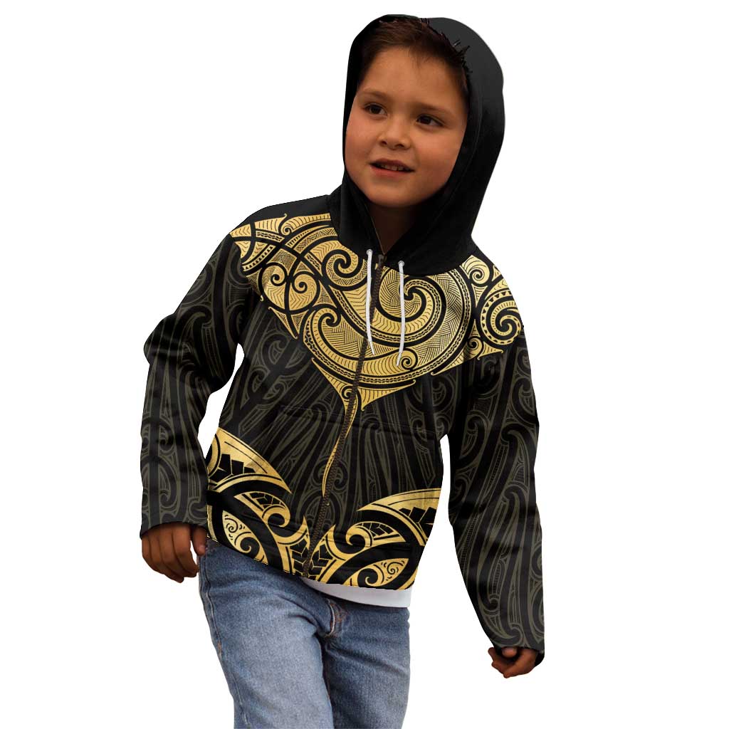 Gold Black New Zealand Manta Ray Kid Hoodie Aotearoa Maori Haehae - Polynesian Pride