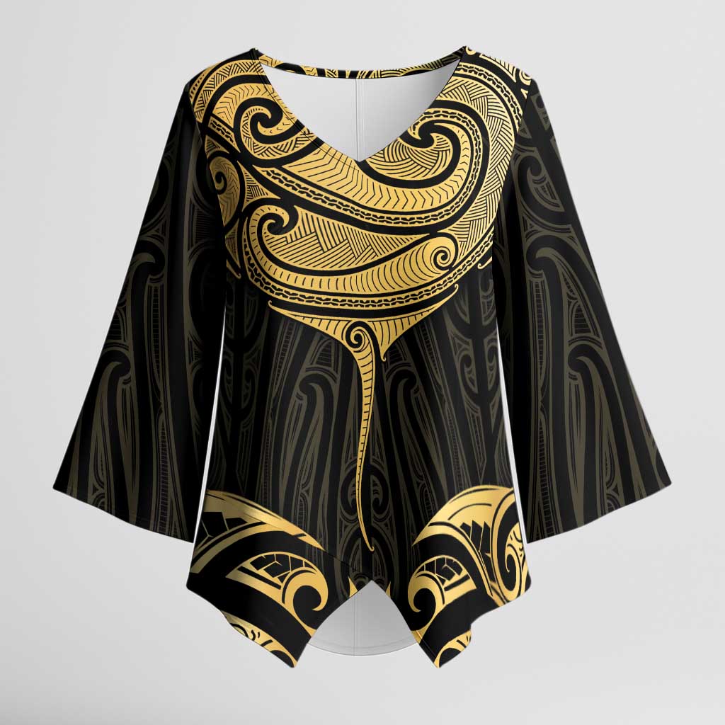 Gold Black New Zealand Manta Ray Kimono Sleeve Blouse Aotearoa Maori Haehae - Polynesian Pride