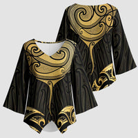 Gold Black New Zealand Manta Ray Kimono Sleeve Blouse Aotearoa Maori Haehae - Polynesian Pride