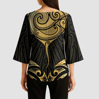 Gold Black New Zealand Manta Ray Kimono Sleeve Blouse Aotearoa Maori Haehae - Polynesian Pride