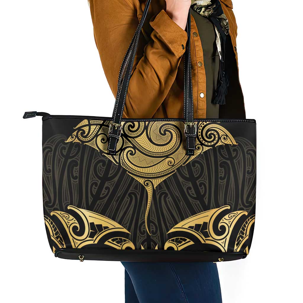 Gold Black New Zealand Manta Ray Leather Tote Bag Aotearoa Maori Haehae - Polynesian Pride