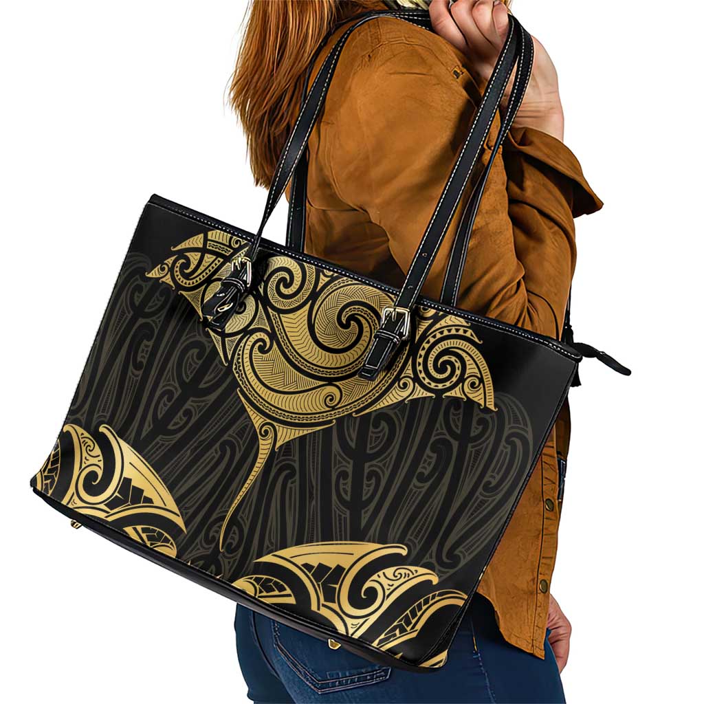 Gold Black New Zealand Manta Ray Leather Tote Bag Aotearoa Maori Haehae - Polynesian Pride
