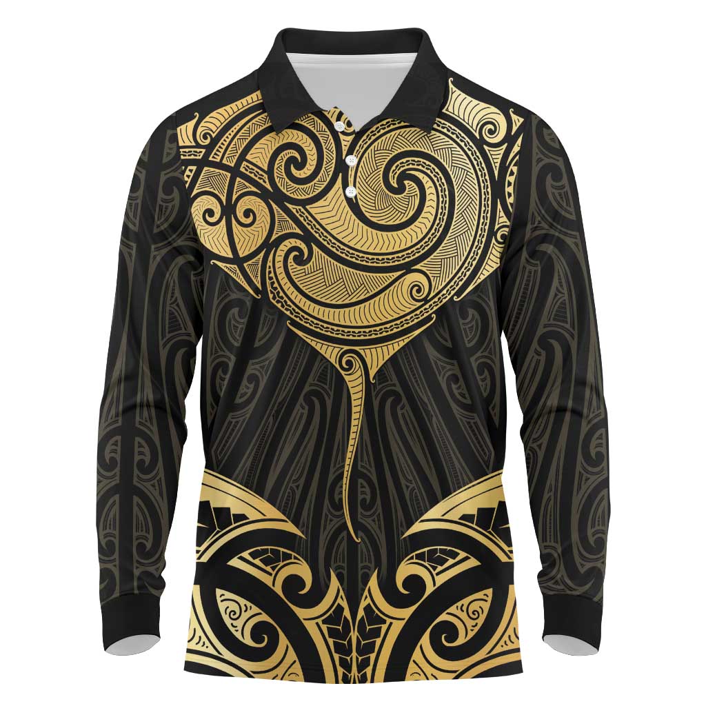Gold Black New Zealand Manta Ray Long Sleeve Polo Shirt Aotearoa Maori Haehae - Polynesian Pride