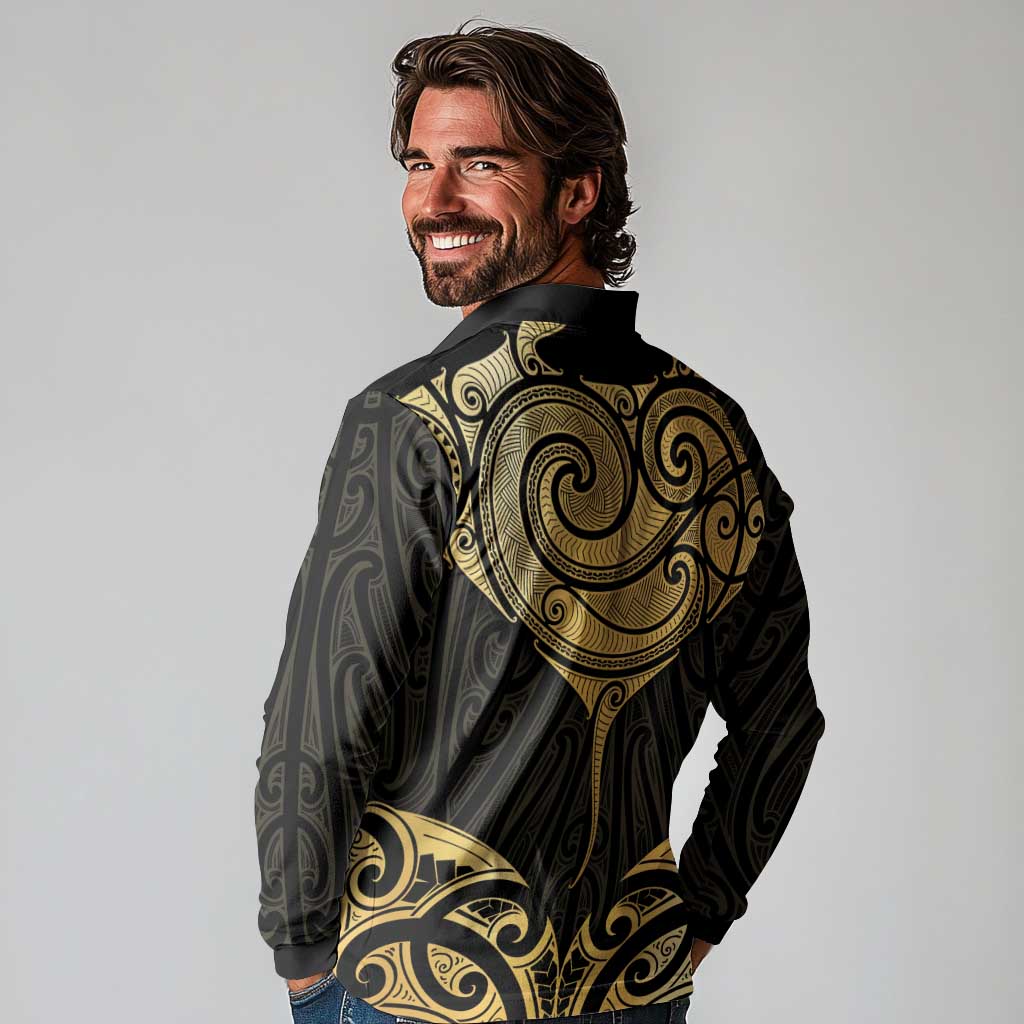 Gold Black New Zealand Manta Ray Long Sleeve Polo Shirt Aotearoa Maori Haehae - Polynesian Pride