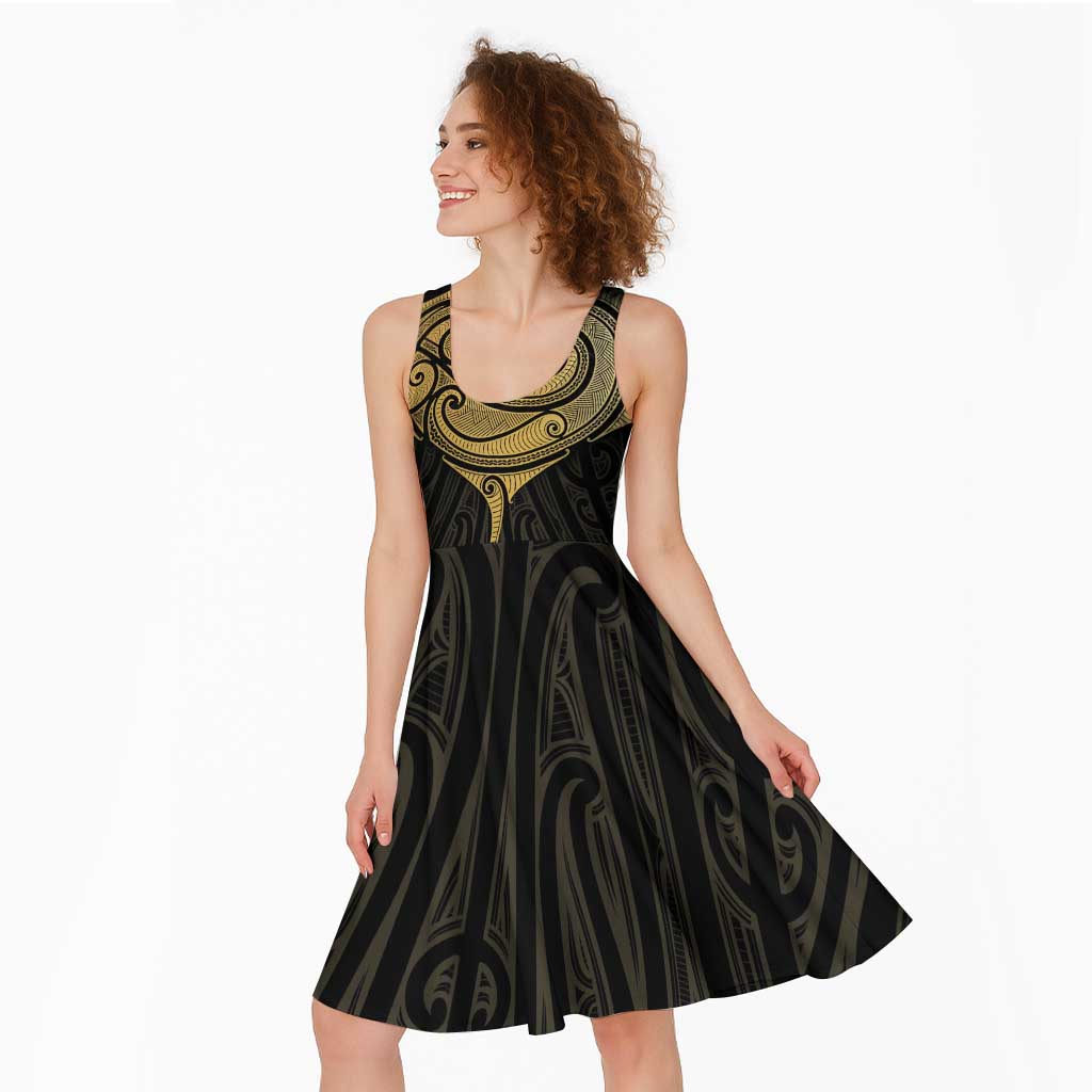 Gold Black New Zealand Manta Ray Midi Dress Aotearoa Maori Haehae - Polynesian Pride