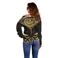 Gold Black New Zealand Manta Ray Off Shoulder Sweater Aotearoa Maori Haehae - Polynesian Pride