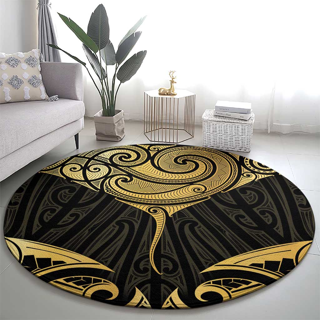 Gold Black New Zealand Manta Ray Round Carpet Aotearoa Maori Haehae - Polynesian Pride