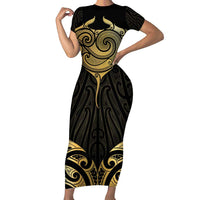 Gold Black New Zealand Manta Ray Short Sleeve Bodycon Dress Aotearoa Maori Haehae - Polynesian Pride