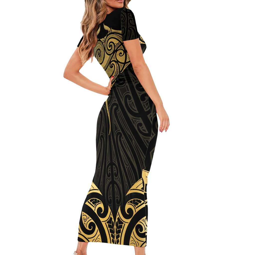 Gold Black New Zealand Manta Ray Short Sleeve Bodycon Dress Aotearoa Maori Haehae - Polynesian Pride