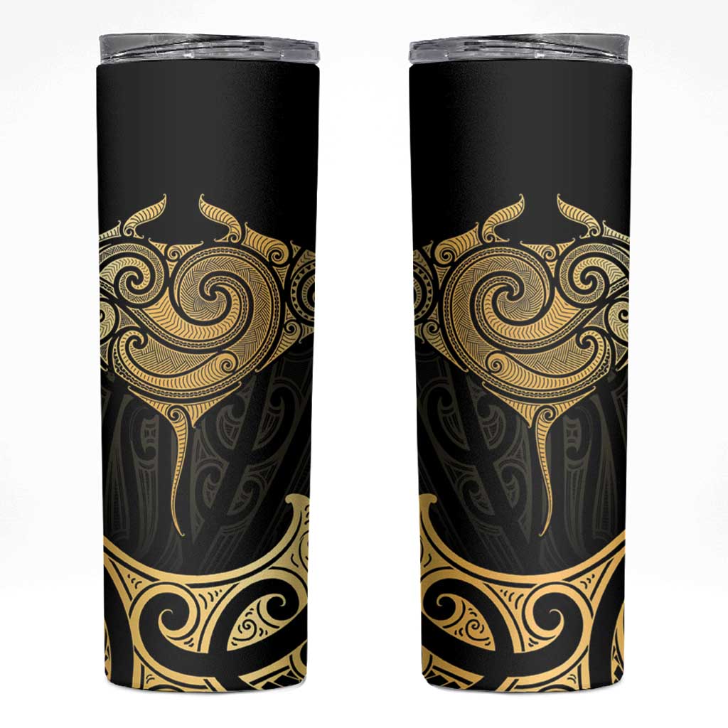 Gold Black New Zealand Manta Ray Skinny Tumbler Aotearoa Maori Haehae - Polynesian Pride