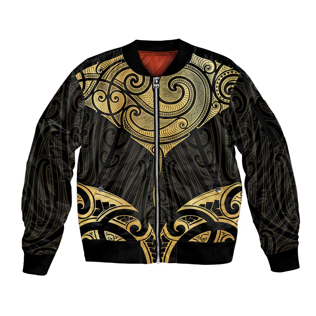 Gold Black New Zealand Manta Ray Sleeve Zip Bomber Jacket Aotearoa Maori Haehae - Polynesian Pride