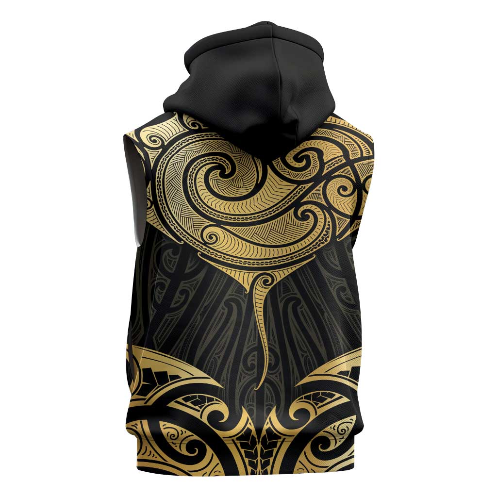 Gold Black New Zealand Manta Ray Sleeveless Hoodie Aotearoa Maori Haehae - Polynesian Pride