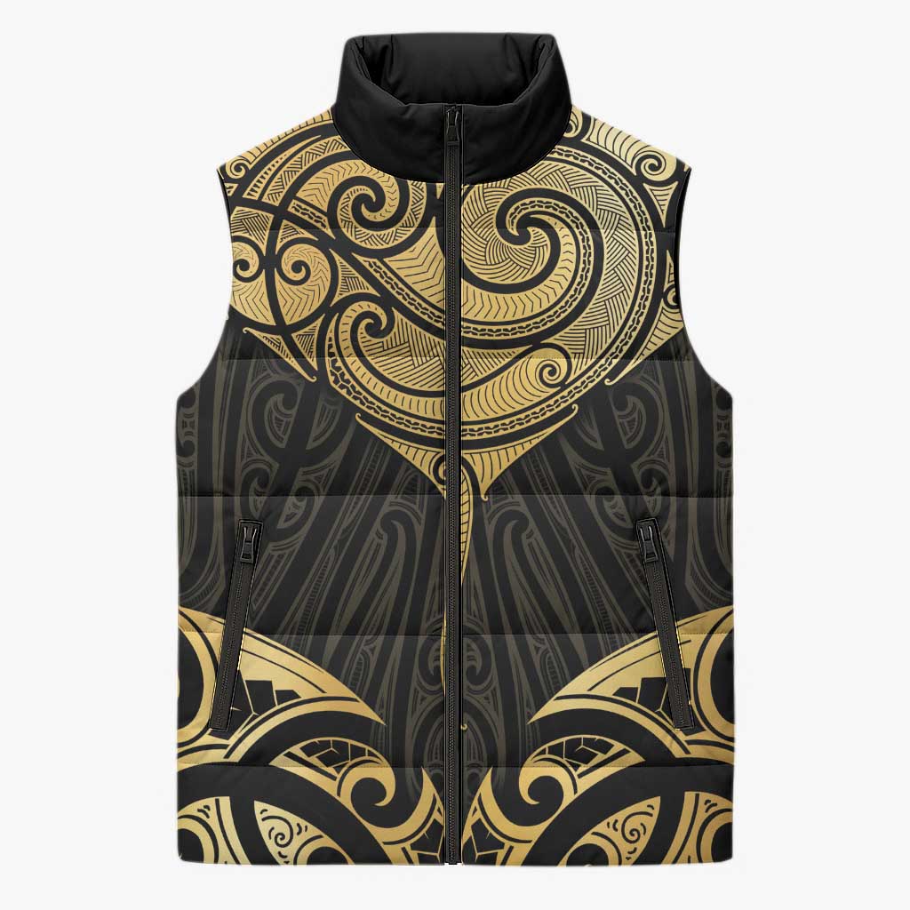 Gold Black New Zealand Manta Ray Sleeveless Puffer Jacket Aotearoa Maori Haehae - Polynesian Pride