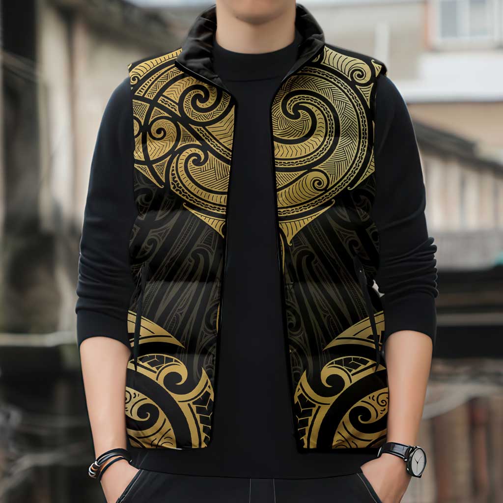 Gold Black New Zealand Manta Ray Sleeveless Puffer Jacket Aotearoa Maori Haehae - Polynesian Pride