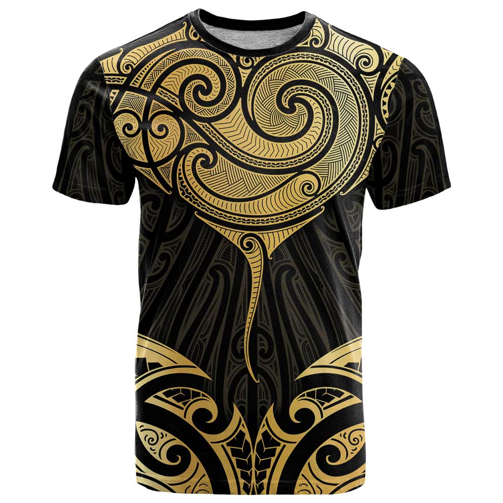 Gold Black New Zealand Manta Ray T Shirt Aotearoa Maori Haehae - Polynesian Pride
