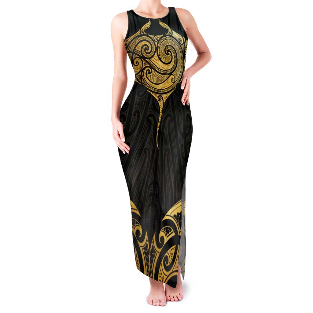 Gold Black New Zealand Manta Ray Tank Maxi Dress Aotearoa Maori Haehae - Polynesian Pride
