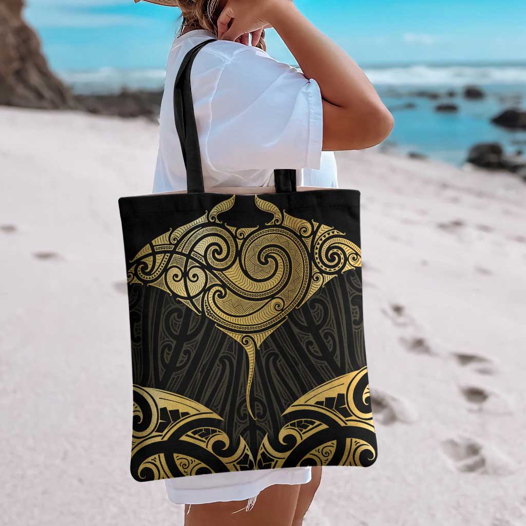 Gold Black New Zealand Manta Ray Tote Bag Aotearoa Maori Haehae - Polynesian Pride