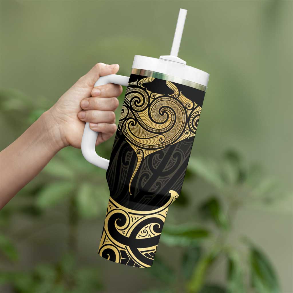 Gold Black New Zealand Manta Ray Tumbler With Handle Aotearoa Maori Haehae - Polynesian Pride
