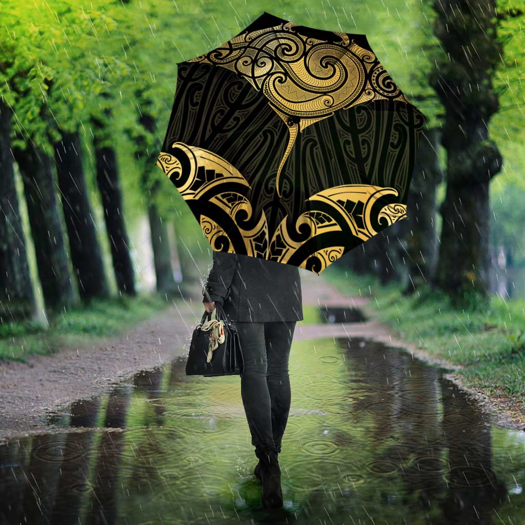 Gold Black New Zealand Manta Ray Umbrella Aotearoa Maori Haehae - Polynesian Pride