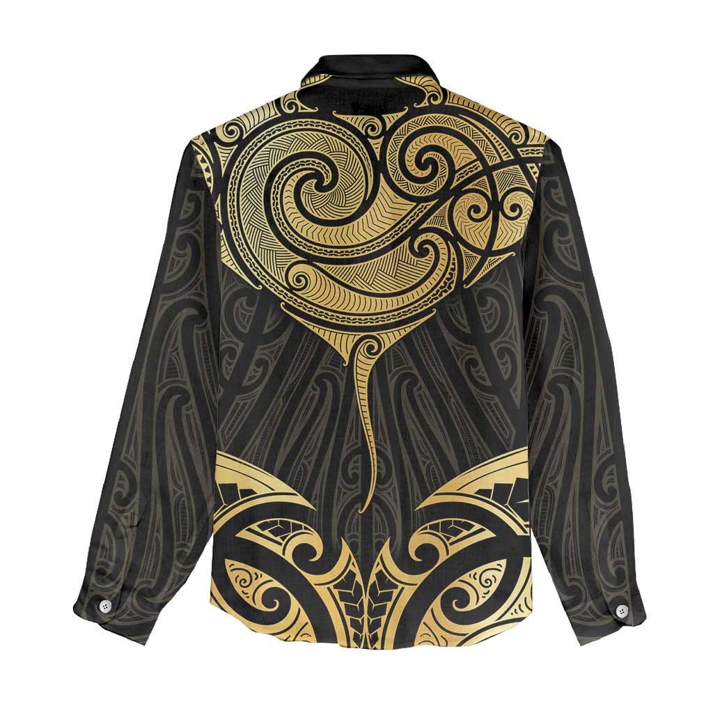 Gold Black New Zealand Manta Ray Women Casual Shirt Aotearoa Maori Haehae - Polynesian Pride