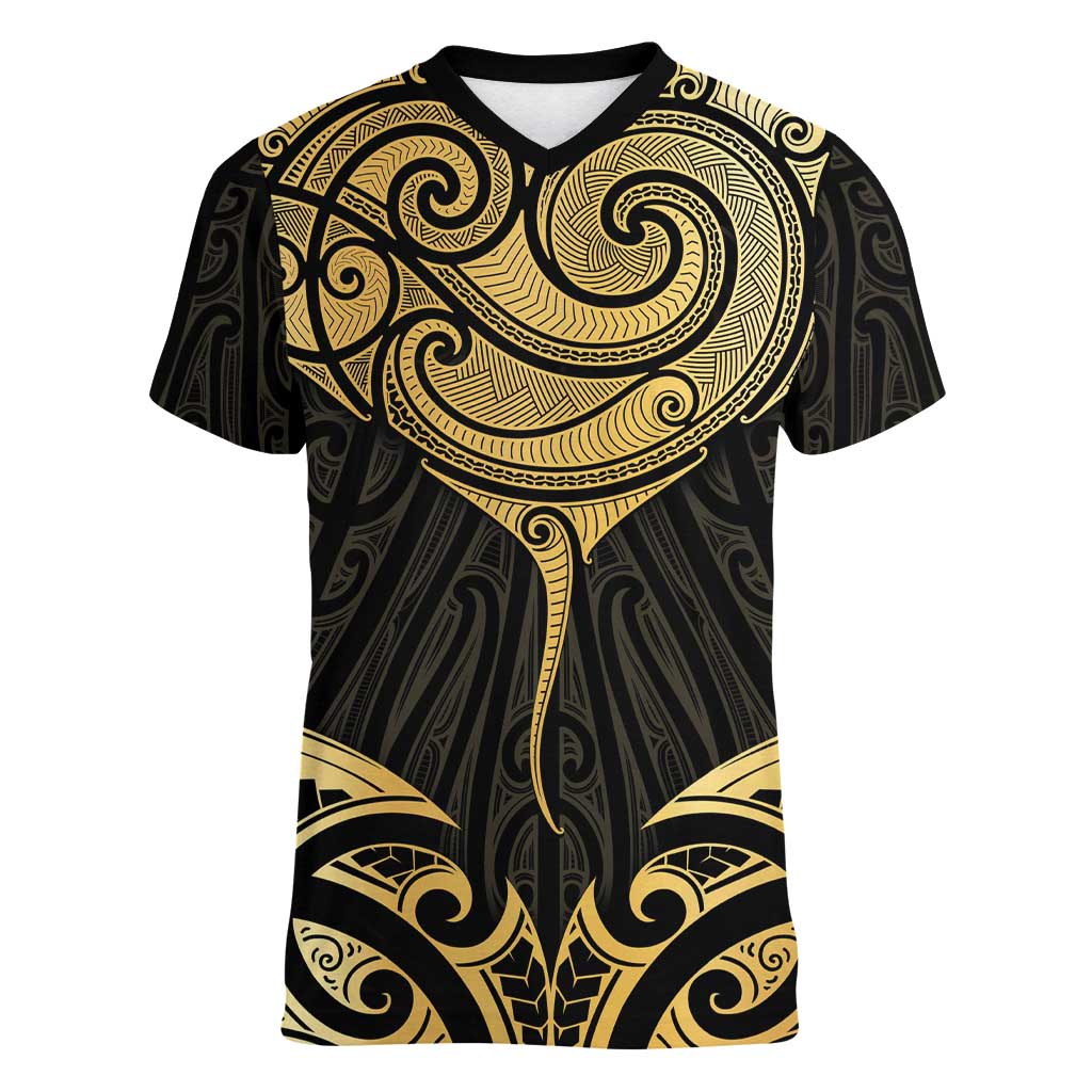 Gold Black New Zealand Manta Ray Women V-Neck T-Shirt Aotearoa Maori Haehae - Polynesian Pride