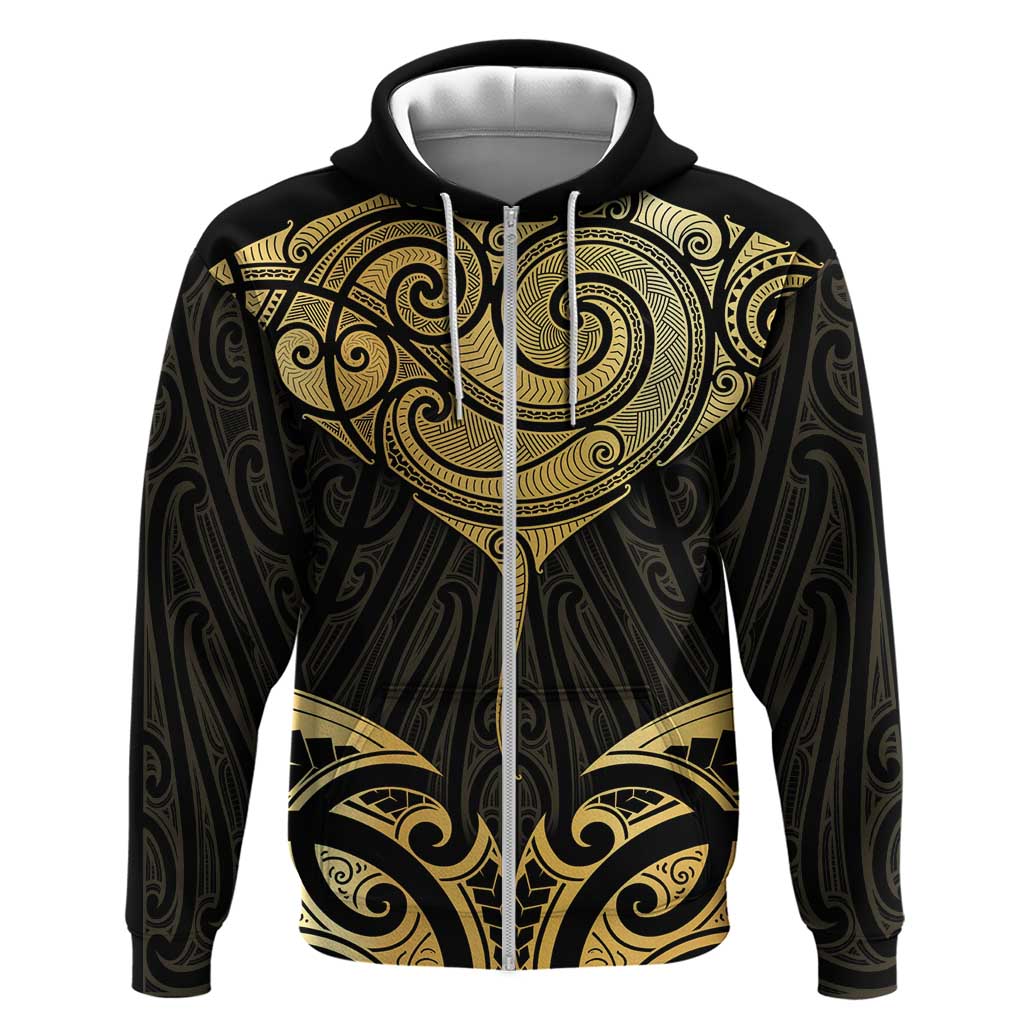 Gold Black New Zealand Manta Ray Zip Hoodie Aotearoa Maori Haehae - Polynesian Pride