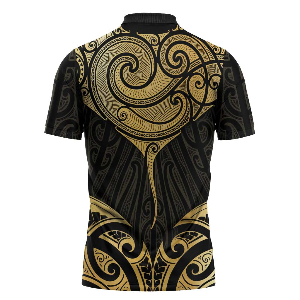 Gold Black New Zealand Manta Ray Zipper Polo Shirt Aotearoa Maori Haehae - Polynesian Pride