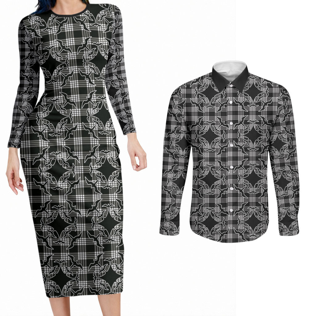 Eleele Hawaii Iwa Bird Palaka Motifs Couples Matching Long Sleeve Bodycon Dress and Long Sleeve Button Shirt LT14 Black - Polynesian Pride