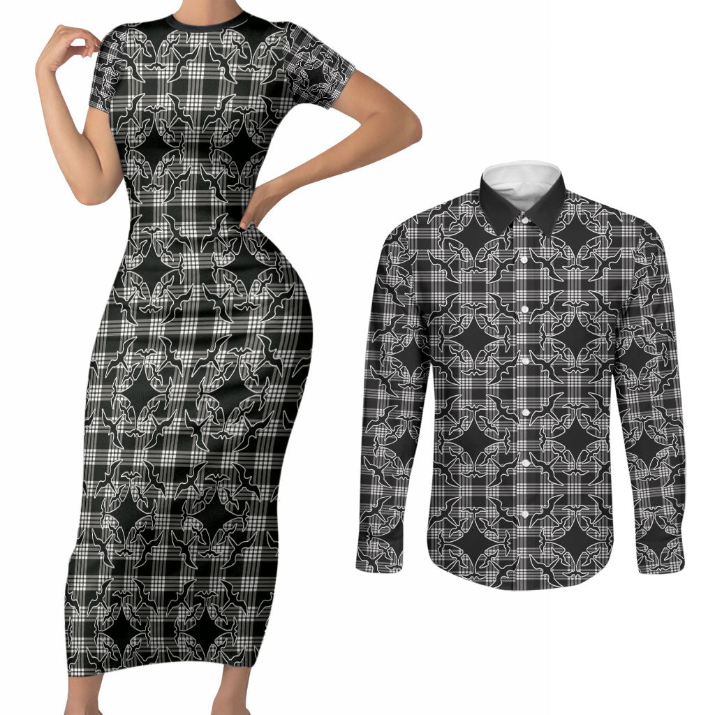 Eleele Hawaii Iwa Bird Palaka Motifs Couples Matching Short Sleeve Bodycon Dress and Long Sleeve Button Shirt LT14 Black - Polynesian Pride